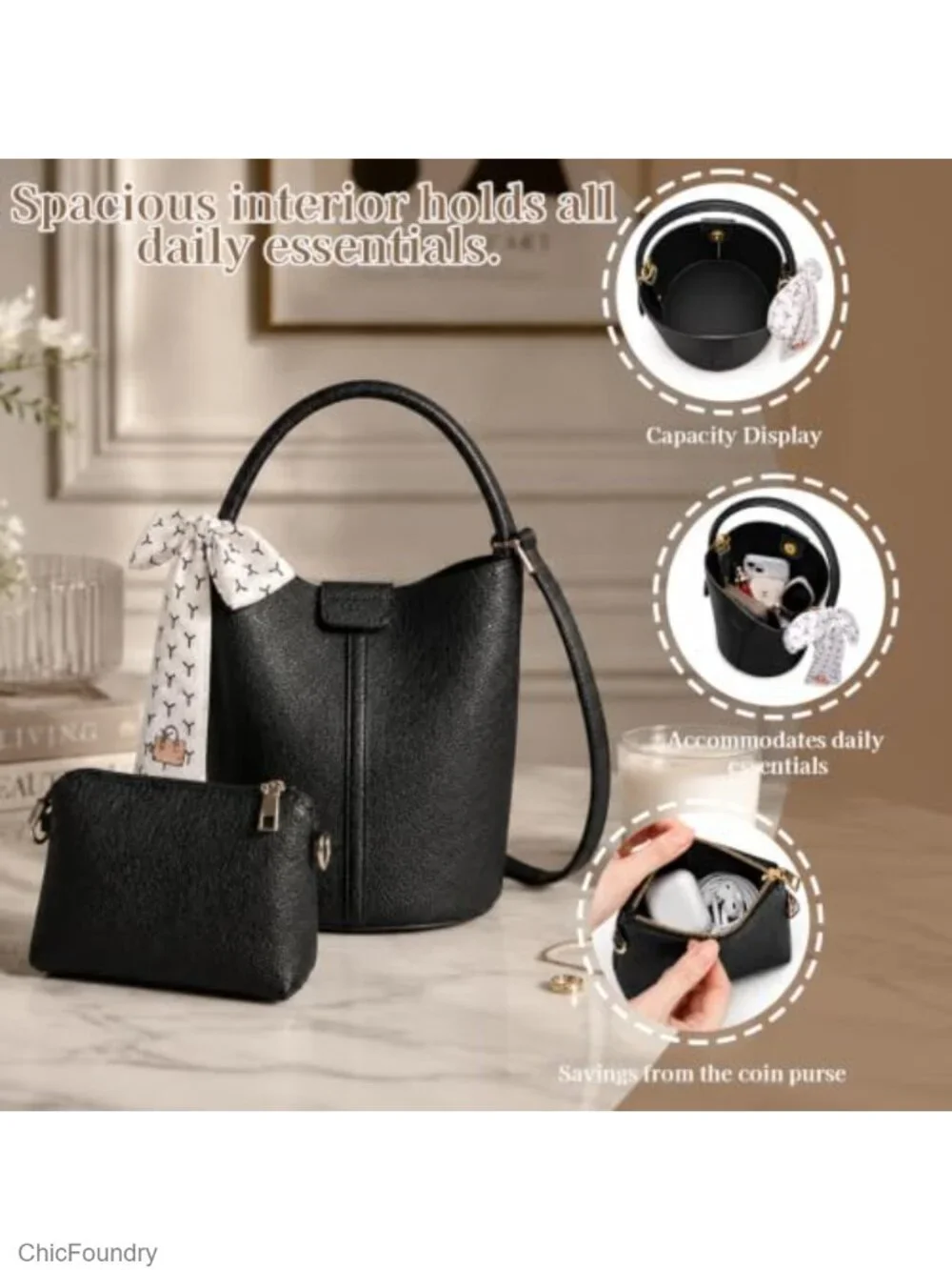 Vegan Leather Bucket Bag Women Crossbody Purse with Removable Strap